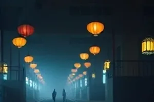 夜色港口灯塔与湿石板路构成的主推横版画面
